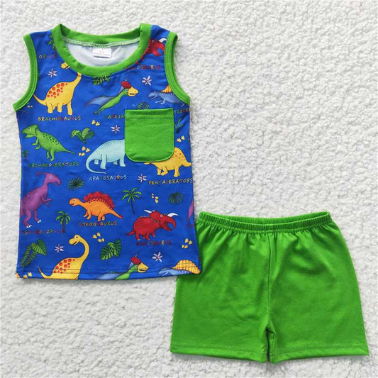 BSSO0234 Baby Boys Summer Sleeveless Dinosaur Top Shorts Clothes