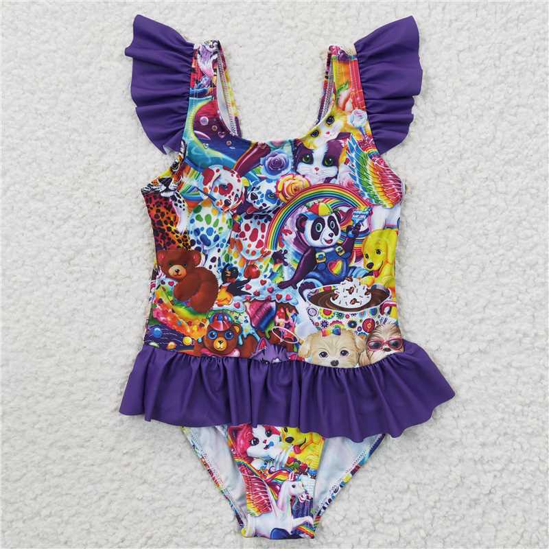 Girls Sleeveless Swimsuit Pink Popsicle Firework Design 4th of July Patriotic Swimwear for Kids