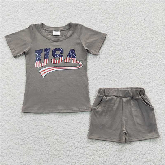 BSSO0202 Baby Kids USA 4th of July Grey Sibling Rompers Shorts Sets
