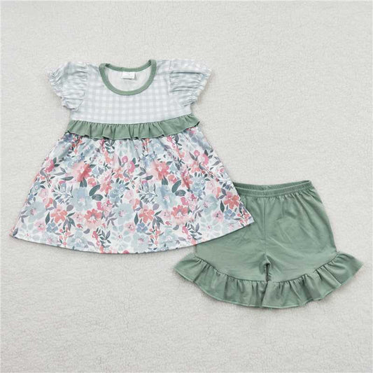 Baby Girls Green Floral Ruffle Shorts Sets