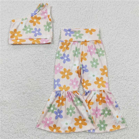 GSPO0525 Girls' colorful floral white one-sleeve trousers suit