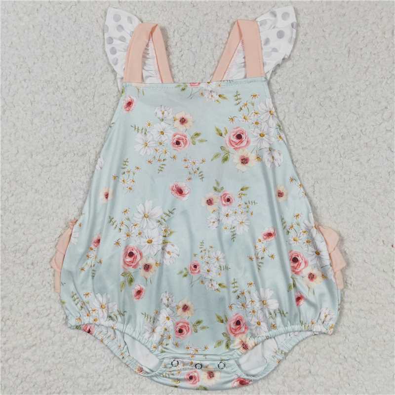 SR0336  Baby Green Floral Bubble Ruffle Rompers