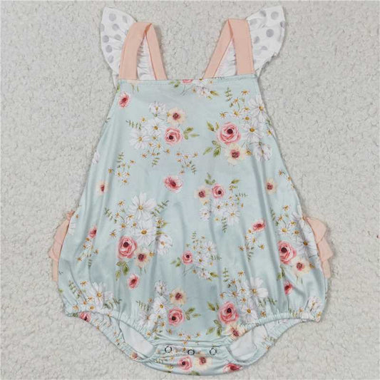 SR0336  Baby Green Floral Bubble Ruffle Rompers