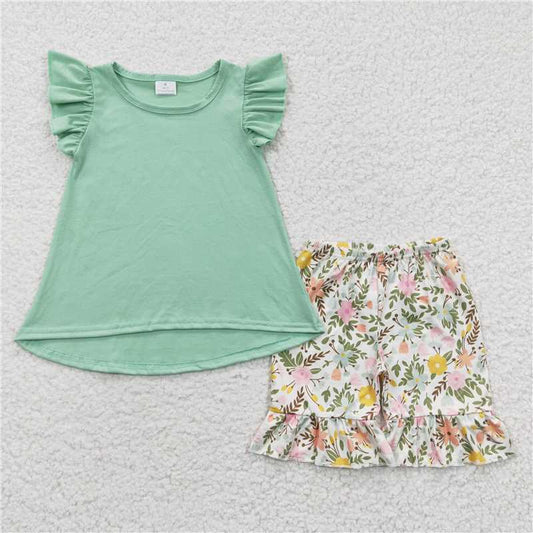 Baby Girls Green Tunic Leaves Ruffle Shorts Sets Regular