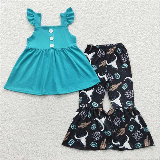 GSPO0581 Girls blue bull head cactus vest and pants set