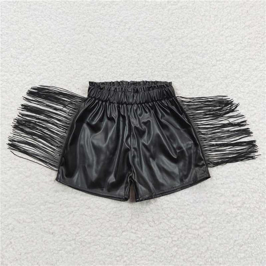 SS0094  Baby Girls Black Tassel Pleather Shorts