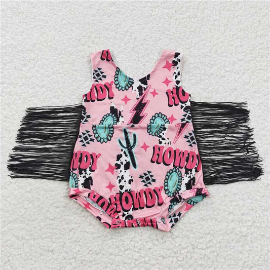 SR0413 Baby Girls Western Tassel Howdy Pink Rompers
