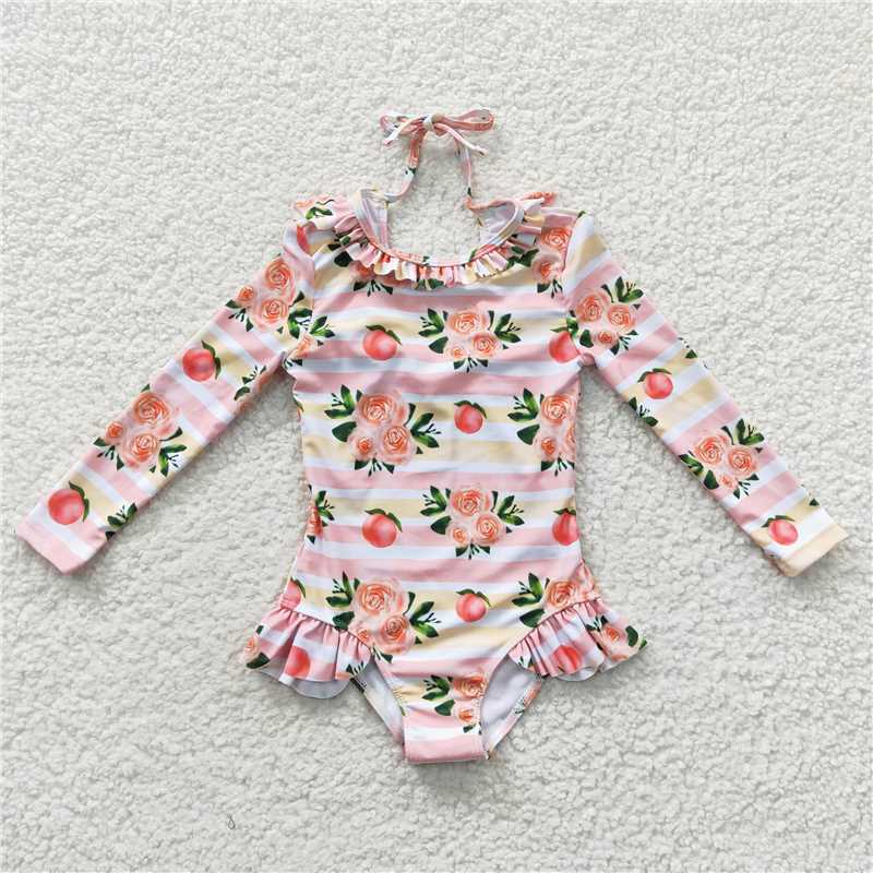 Baby Girls Dino Princess Swimsuit Long Sleeves One-Piece Lining UV Protection Swimwear for Kids