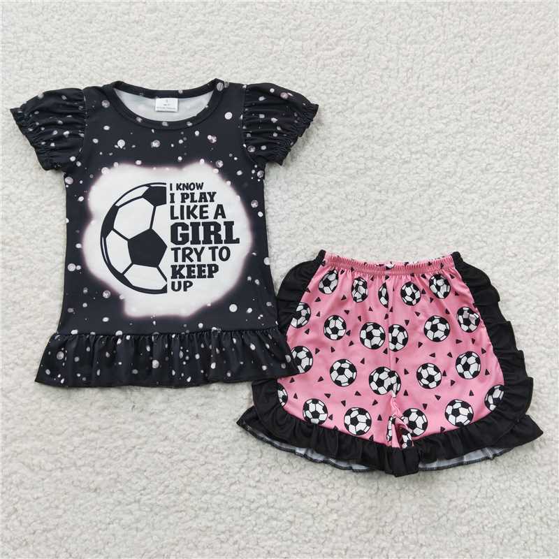 GSSO0267 GIRL football black short-sleeved pink shorts set