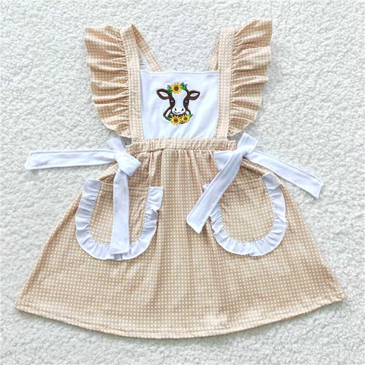GSD0299  Cow embroidery bow pocket kids girls dresses