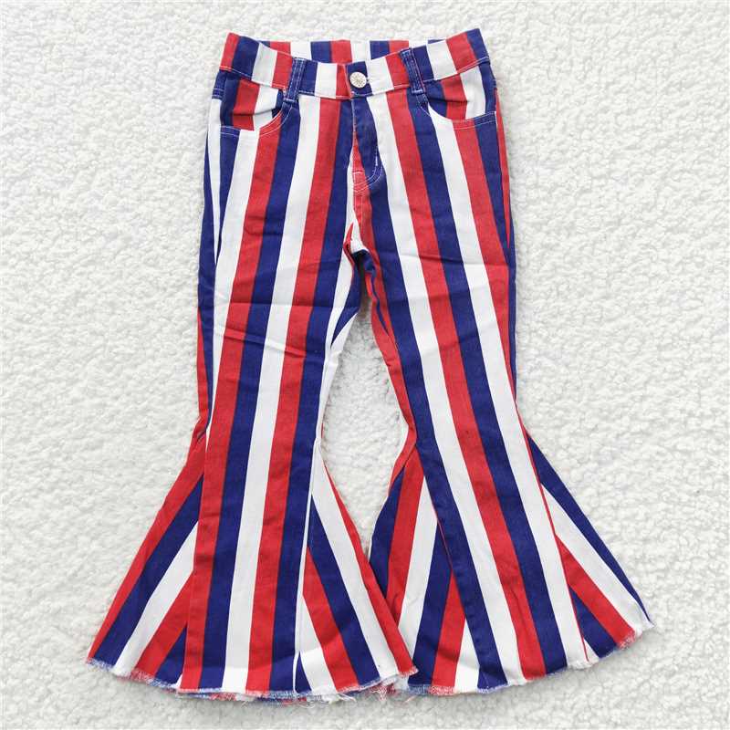 P0105  Baby Girls 4th Of July Stripe Denim Bell Jeans Pants