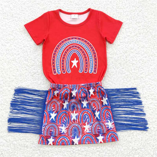GSD0338 4th of July Girls Rainbow Short Sleeve Blue Fringe Skirt Suit