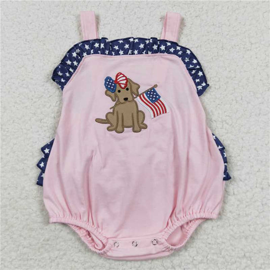 USA Warehouse (IN STOCK) SR0332 Dog flag embroidery stars baby girl 4th of july romper