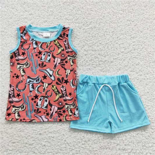 BSSO0251 Baby Boys Sleeveless Boots Western Summer Shorts Sets