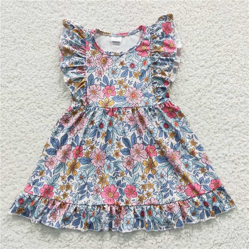 GSD0363 Colorful flower blue flying sleeve dress
