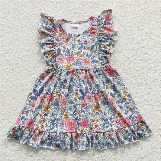 GSD0363 Colorful flower blue flying sleeve dress
