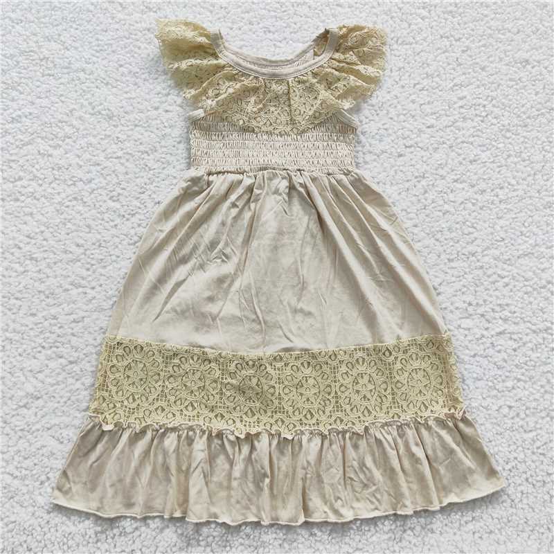 GSD0456  Beige lace cotton elastic kids girls dresses
