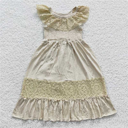 GSD0456  Beige lace cotton elastic kids girls dresses