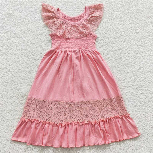 GSD0457 Pink lace cotton elastic kids girls dresses