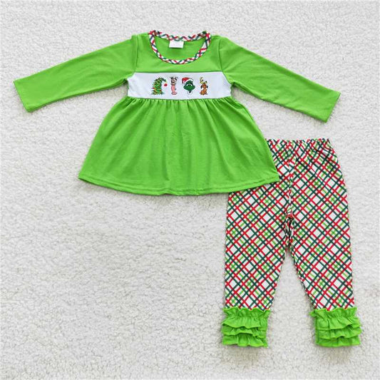 GLP0441 Girls embroidered Christmas cartoon grinch dog long sleeve plaid green lace trousers suit