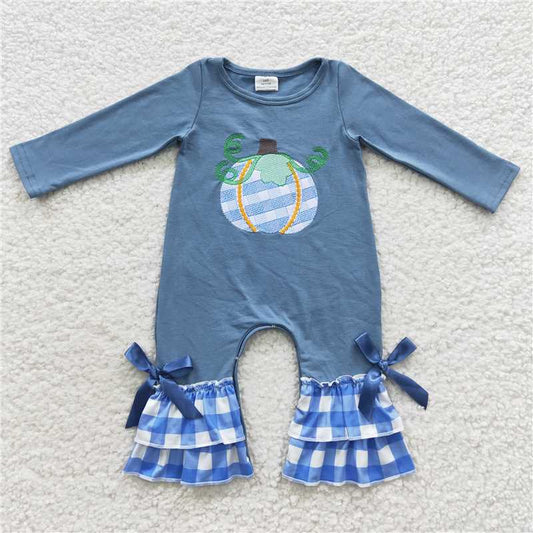 LR0318Plaid pumpkin long sleeves ruffle baby girls fall romper