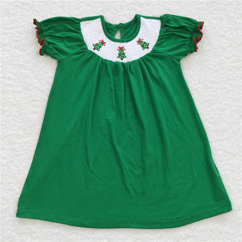 GSD0432 Embroidered Christmas tree smocked green short-sleeved skirt