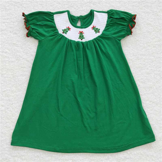 GSD0432 Embroidered Christmas tree smocked green short-sleeved skirt