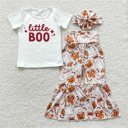 GSPO0723 little boo white short-sleeved top pumpkin denim ghost trousers set