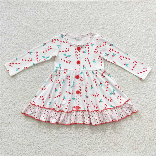 GLD0268  Baby Girls Christmas Candy Cane Ruffle Knee Length Dresses