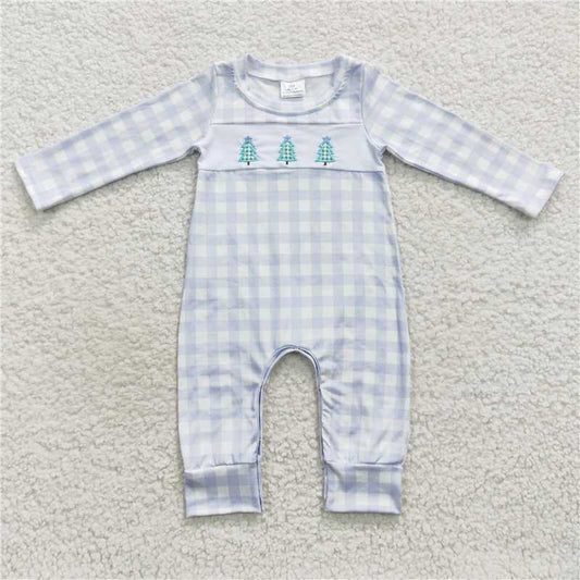 RTS LR0335 Embroidered Christmas tree plaid blue long-sleeved jumpsuit