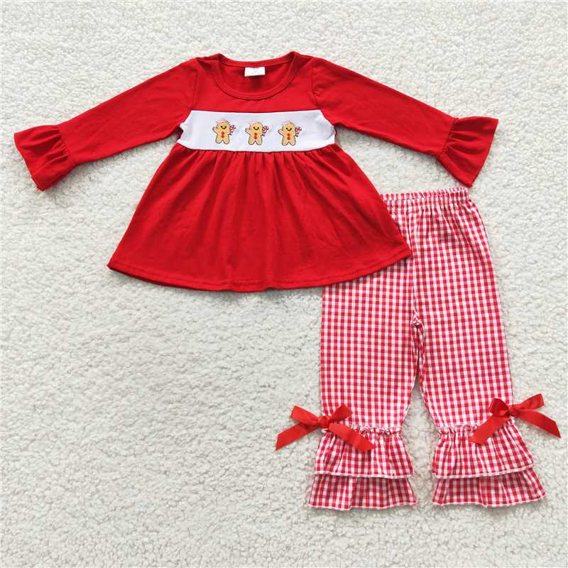 GLP0506 Embroidered gingerbread man red plaid bow lace long-sleeved trousers suit