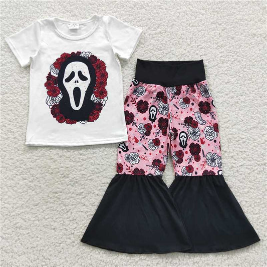GSPO0710 Halloween mask white short-sleeved flower pink and black trousers suit