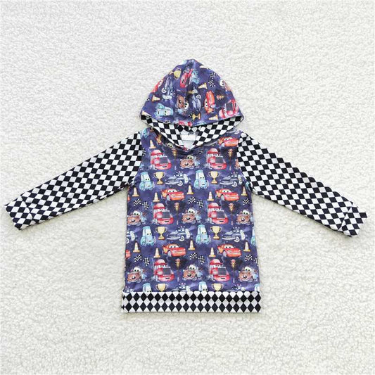 BT0253 cars cartoon car black and white checkered blue hooded long-sleeved top