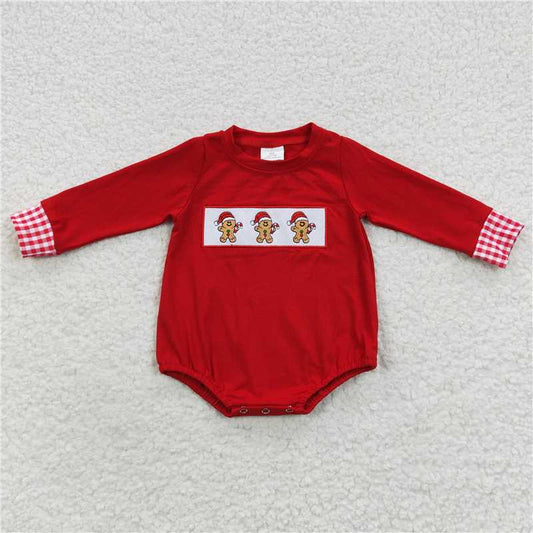 RTS LR0394 Embroidered gingerbread man red plaid long-sleeved jumpsuit