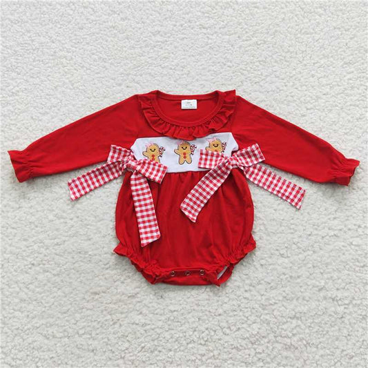 LR0393Gingerbread red long sleeves baby girls Christmas romper