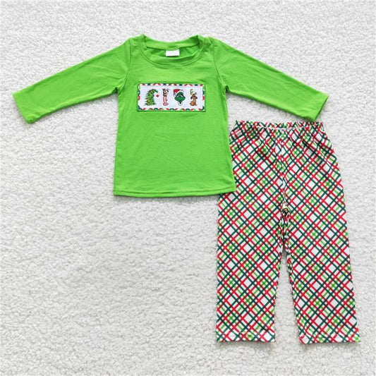 BLP0176Green face top plaid pants kids boy Christmas clothing