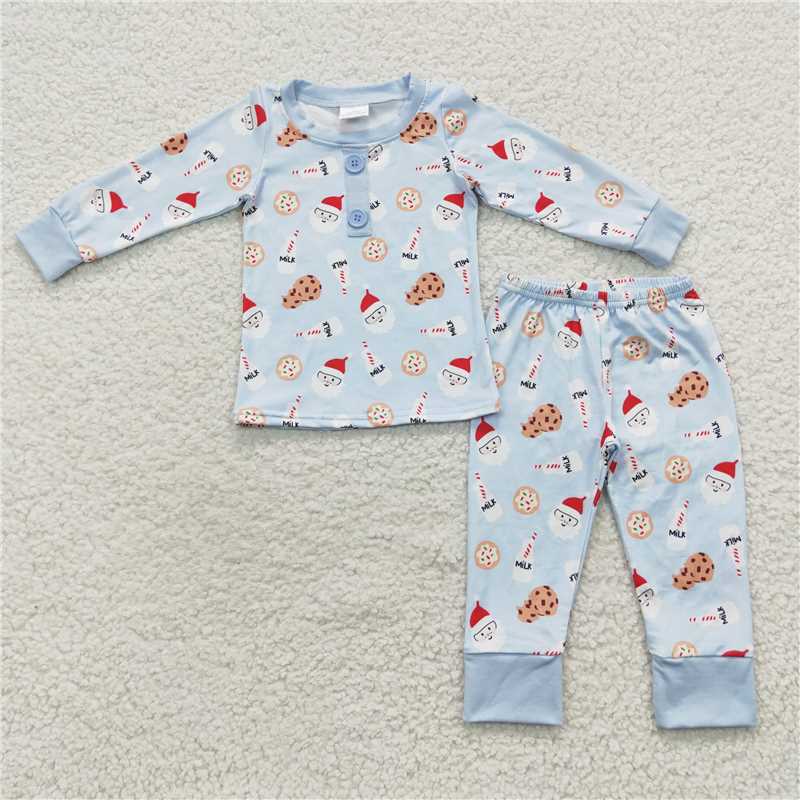 BLP0238Sky blue cookie santa milk boy Christmas pajamas