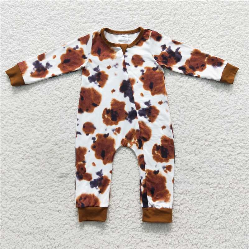 RTS LR0437 Ink Pattern Brown and White Zipper Long Sleeve Bodysuit