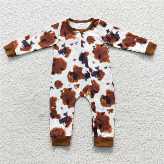 RTS LR0437 Ink Pattern Brown and White Zipper Long Sleeve Bodysuit