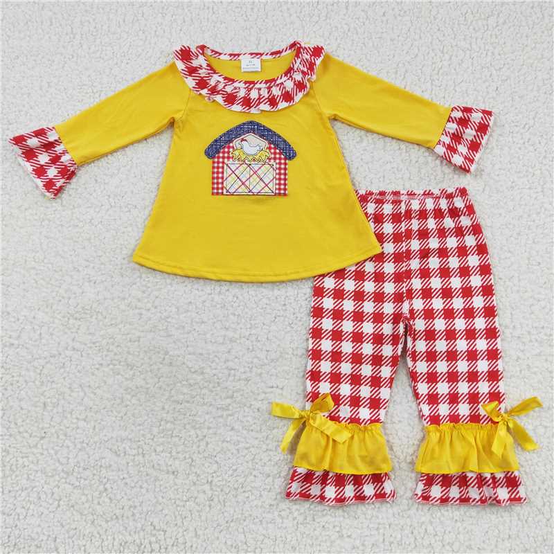 GLP0492Chicken farm tunic plaid pants girls clothing set