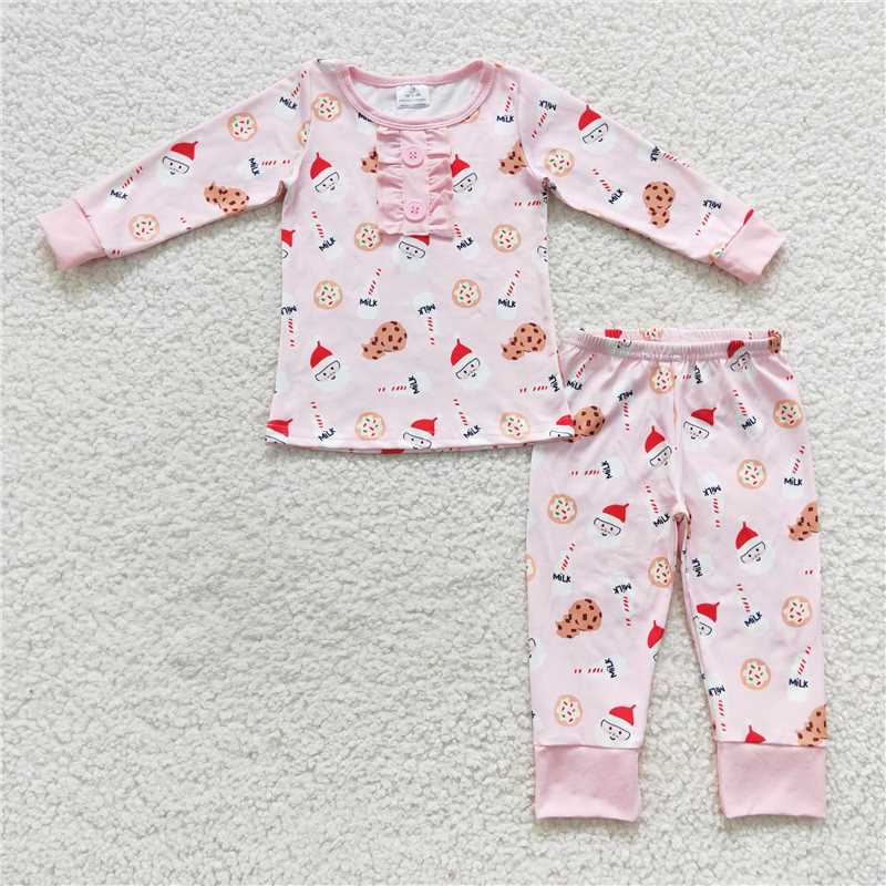 12.10 RTS NO MOQ （In stock）GLP0592 Baby Girls Pink Christmas Santa Cookie Pajamas Clothes Sets