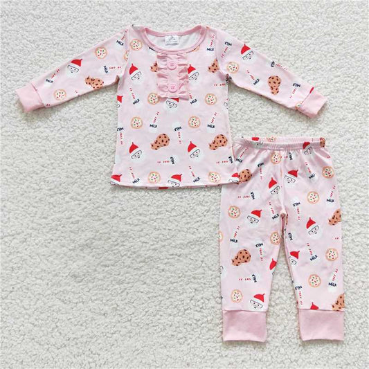 12.10 RTS NO MOQ （In stock）GLP0592 Baby Girls Pink Christmas Santa Cookie Pajamas Clothes Sets