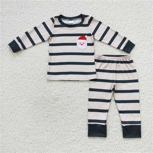 BLP0220Santa embroidery green stripe kids boy Christmas pajamas