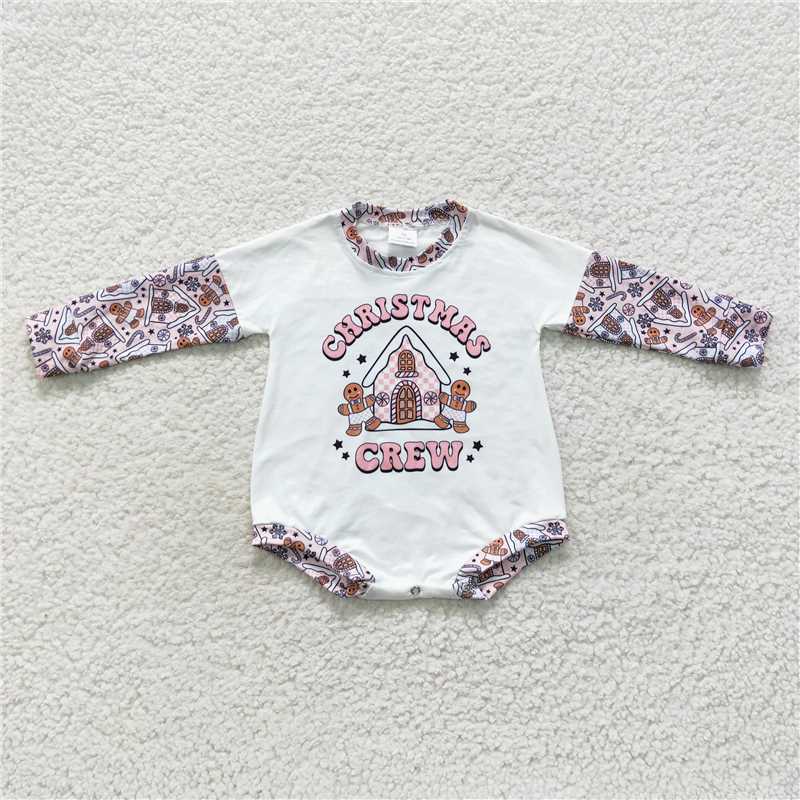 RTS LR0423 Christmas crew gingerbread house pink and white long-sleeved jumpsuit