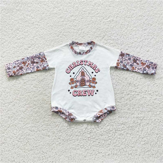 RTS LR0423 Christmas crew gingerbread house pink and white long-sleeved jumpsuit