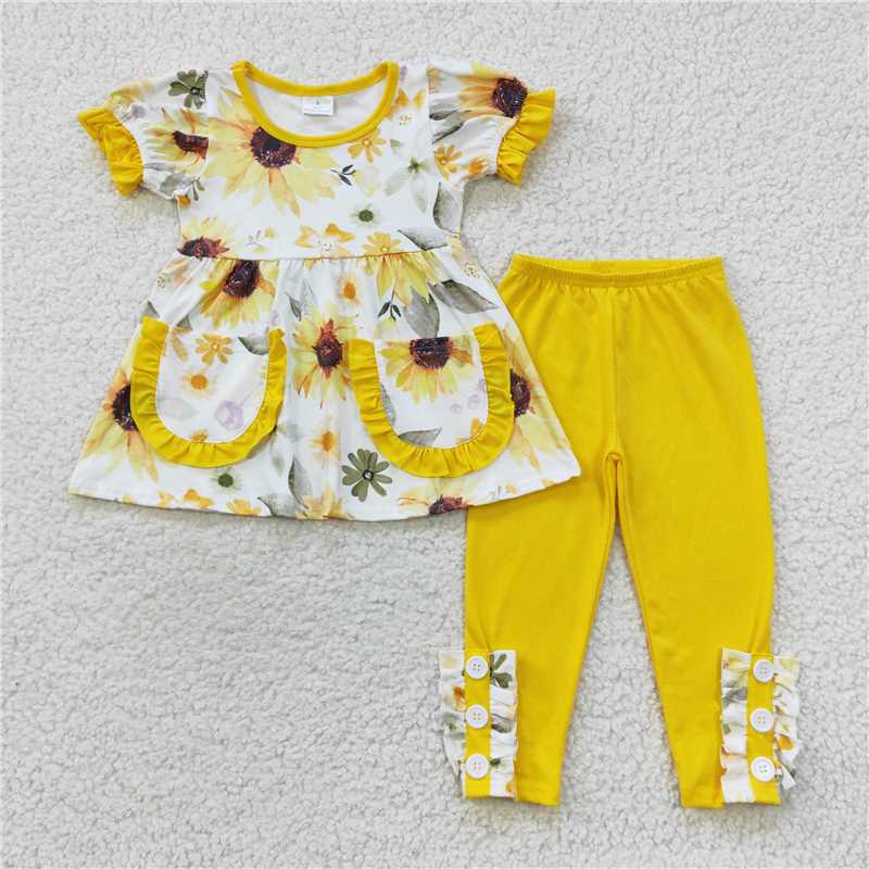 GSPO0755 Sunflower yellow lace pocket skinny pants short-sleeved trousers set