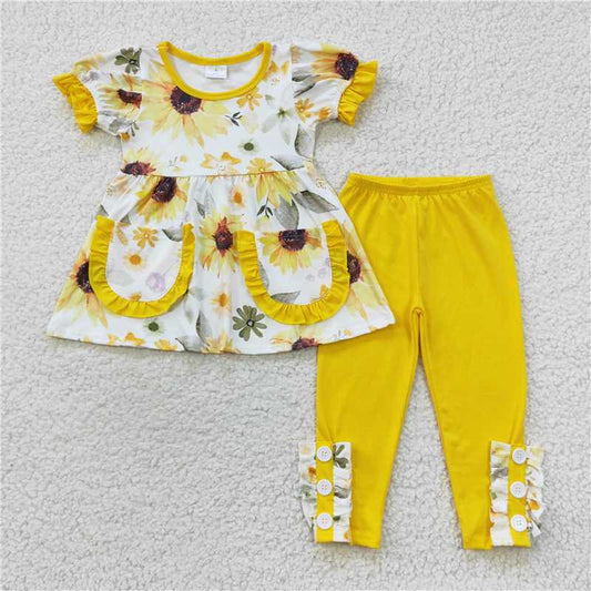 GSPO0755 Sunflower yellow lace pocket skinny pants short-sleeved trousers set
