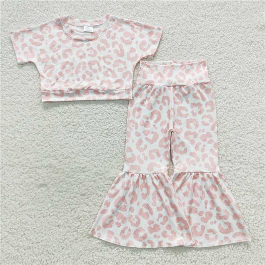 GSPO0780 Girls pink leopard print three-quarter sleeve trouser suit