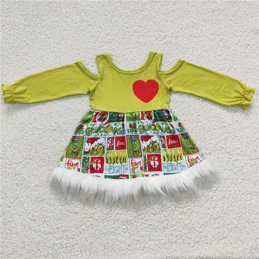GLD0247  Baby Girls Christmas Frog Long Sleeve Fur Ruffle Dresses