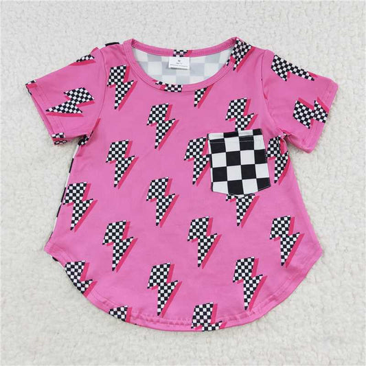 GT0227  Hot pink thunder plaid pocket kids girls shirt